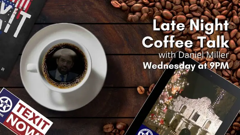 Late Night Coffee Talk with Daniel Miller: a man's face in a cup, the Alamo on a tablet