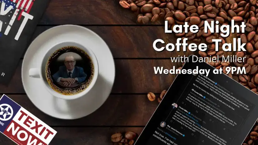 Late Night Coffee Talk with Daniel Miller: a man's face in a cup, tweets on a tablet