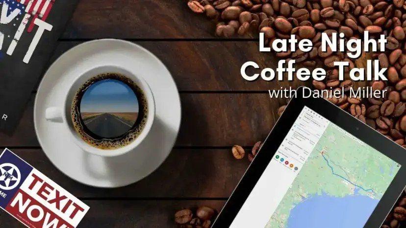 Late Night Coffee Talk with Daniel Miller: a highway in a cup, a Texas map on a tablet