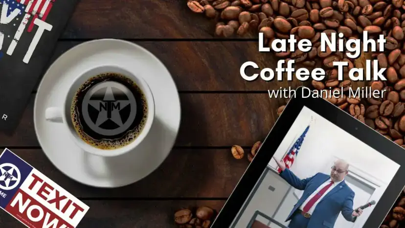 Late Night Coffee Talk with Daniel Miller: the TNM logo in a cup, a speaker on a tablet