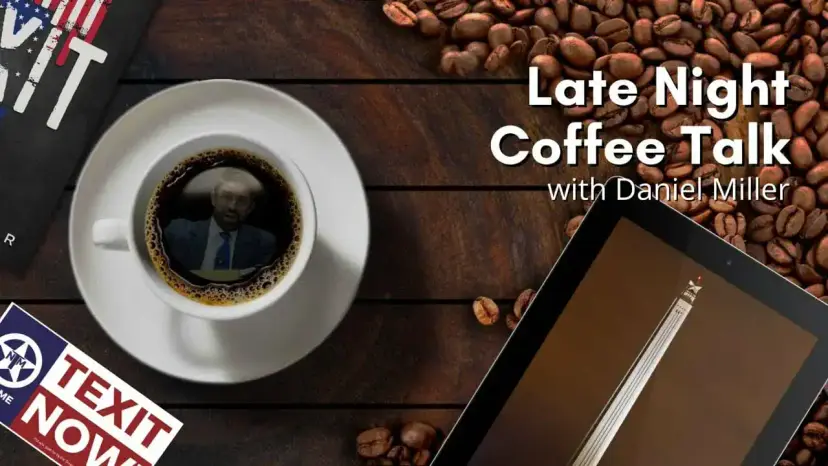 Late Night Coffee Talk with Daniel Miller: a man's face in a cup, a pen on a tablet