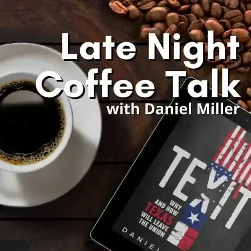 Late Night Coffee Talk with Daniel Miller graphic with a coffee cup and the book TEXIT on a tablet