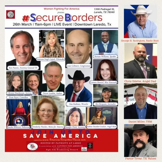 Event flyer for the Secure Borders rally in downtown Laredo, Texas, showing photos of the featured speakers.