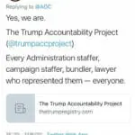 Tweet reply announcing the Trump Accountability Project to catalog Trump administration staffers, donors, and lawyers.