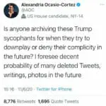 Tweet from Alexandria Ocasio-Cortez asking whether anyone is archiving the statements of Trump supporters.