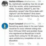 Two tweets proposing re-education and voting bans for Trump supporters and registered Republicans.