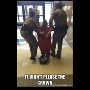 Meme of two uniformed troopers carrying a woman in red down a hallway, captioned "It didn't please the crown."