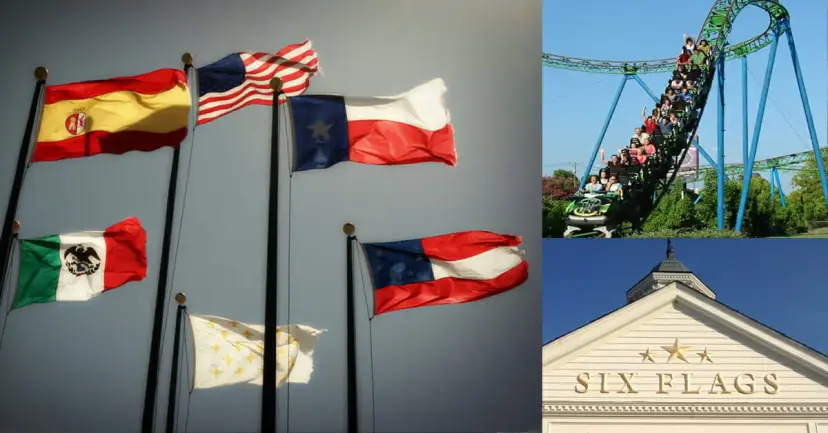 Collage of six historic flags over Texas flying on poles, a roller coaster, and a Six Flags sign.
