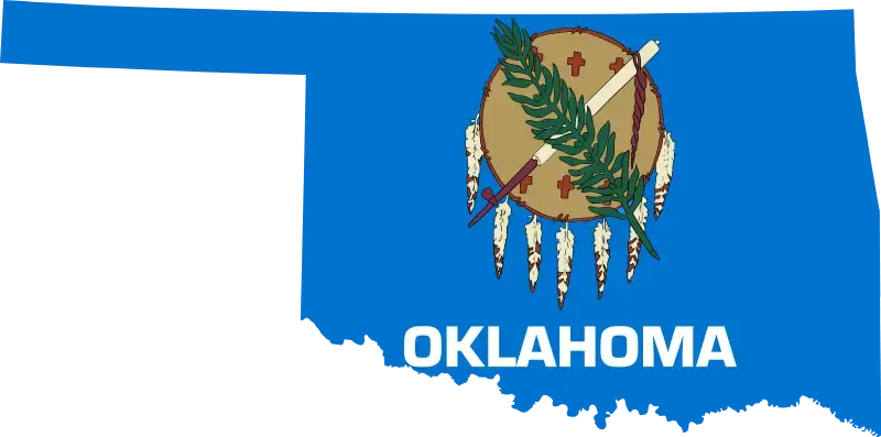 Oklahoma state flag design filling an outline map of Oklahoma, with the state name in white.