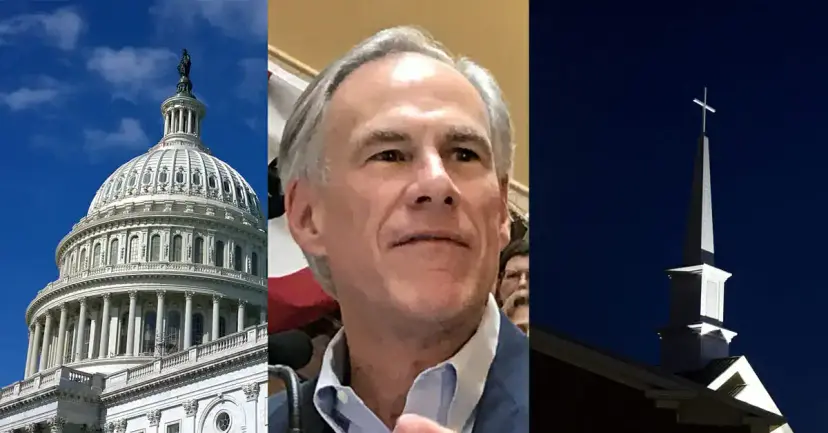 Three-panel image of the Capitol dome in Washington, Greg Abbott, and a white church steeple against a dark sky.