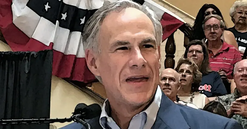 Governor Greg Abbott speaking at a microphone with supporters behind him, shown with a painted photo effect.