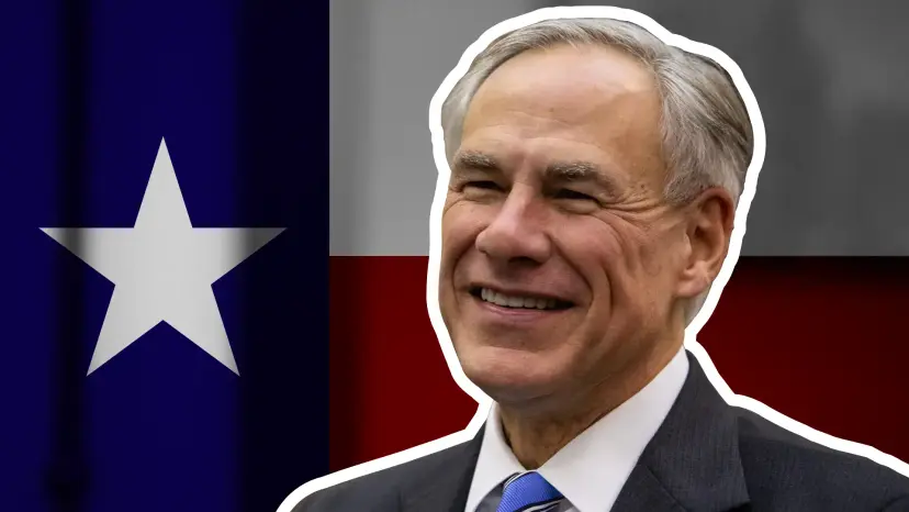 Greg Abbott smiling in front of a Texas flag