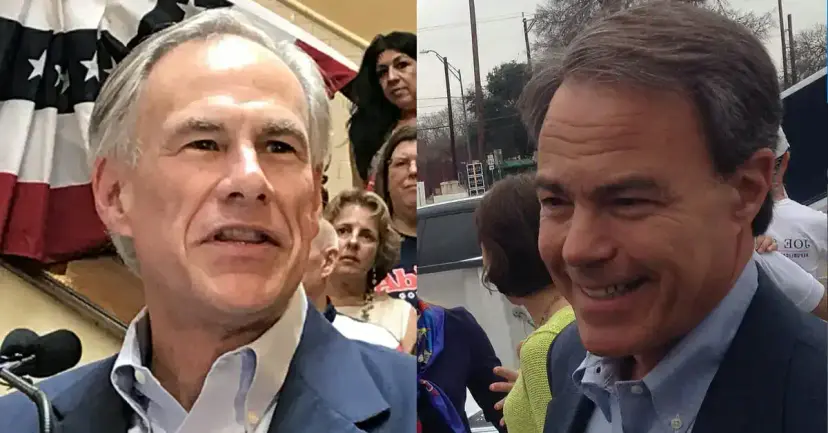 Split photo of Greg Abbott and Joe Straus smiling at separate public events.