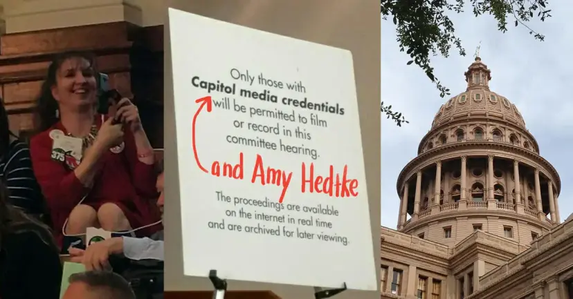 Collage of Amy Hedtke smiling in a hearing room, a sign naming her beside Capitol media, and the Capitol dome.