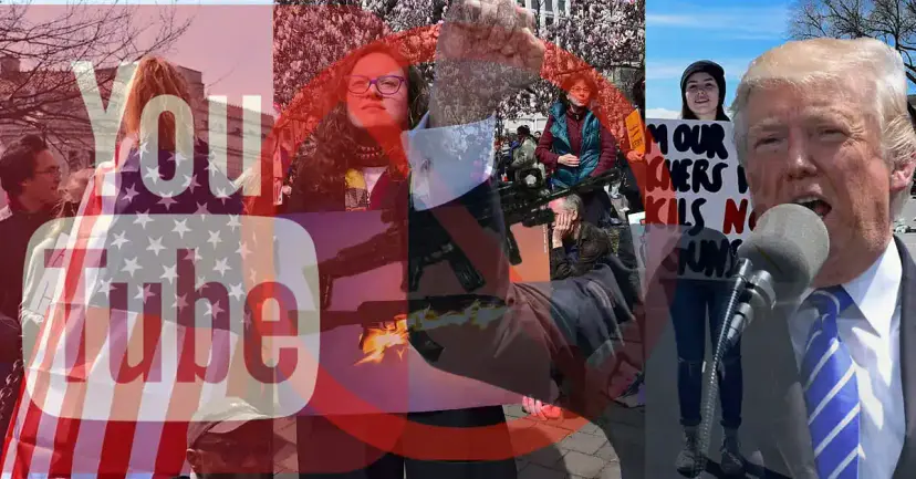 Collage of the YouTube logo, student protesters, a crossed out rifle and a man speaking at a microphone.