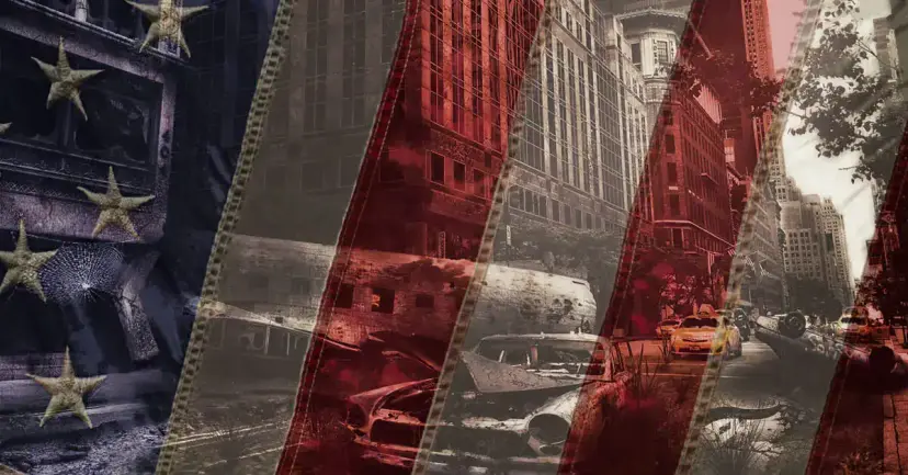 A stylized American flag whose stripes are filled with images of a ruined, abandoned city.
