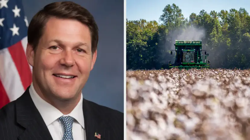 Jodey Arrington smiling in front of an American flag, beside a photo of a cotton harvester in a field