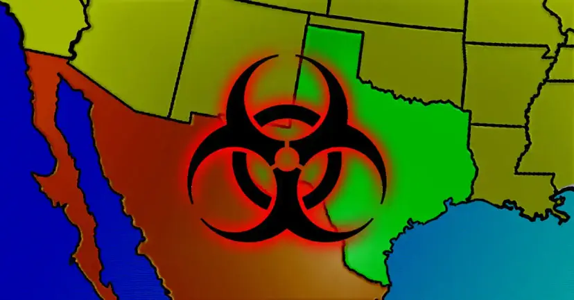 Map of Texas and northern Mexico with a red biohazard symbol over the border region.