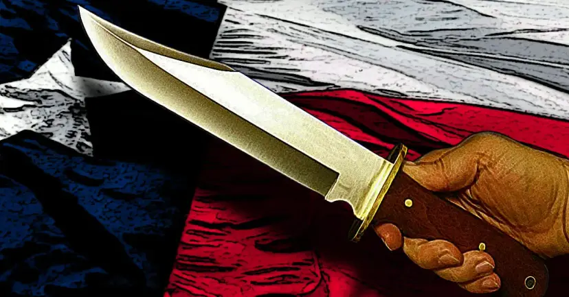 Illustration of a hand gripping a Bowie knife in front of a waving Texas flag.