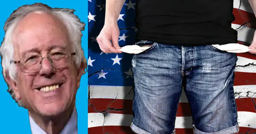 A smiling white-haired man in glasses beside a man pulling out empty jeans pockets before an American flag.