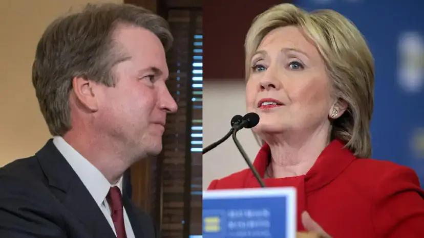 Split photo of a man in a suit in profile and a woman in a red jacket speaking at microphones.