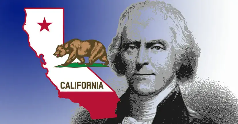 The California state flag cut into the shape of California beside an engraved portrait of Thomas Jefferson.