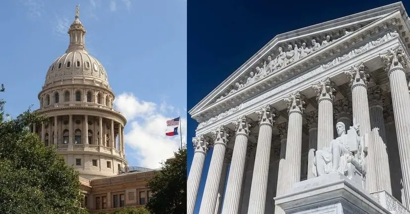 The Texas Capitol dome beside the marble columns and statue of the U.S. Supreme Court building.