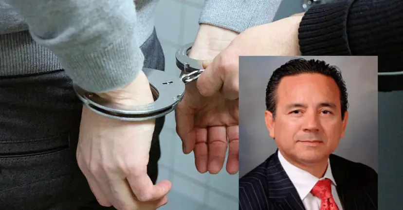 Hands in handcuffs beside an inset portrait of State Senator Carlos Uresti in a suit and red tie.