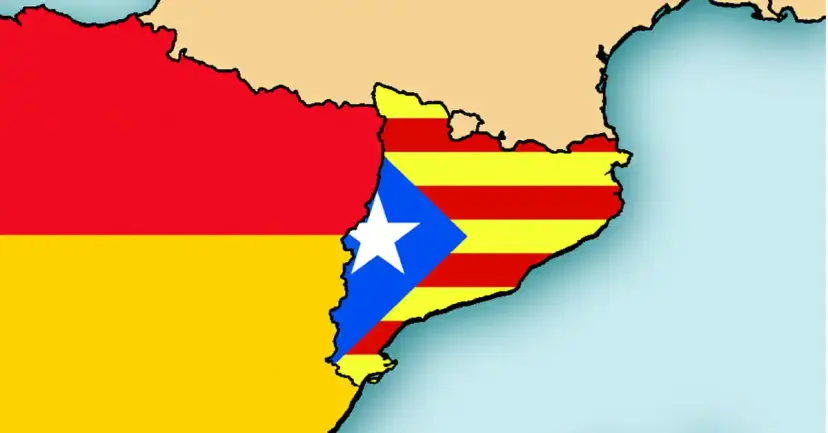 Map of Spain in red and yellow with the Catalonia region filled with the Catalan independence flag.