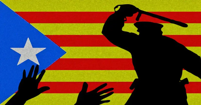 Silhouette of a police officer swinging a baton at raised hands in front of the Catalan independence flag.