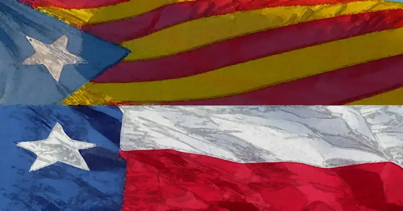 Painted image of the Catalan independence flag above the Texas flag, both rippling.