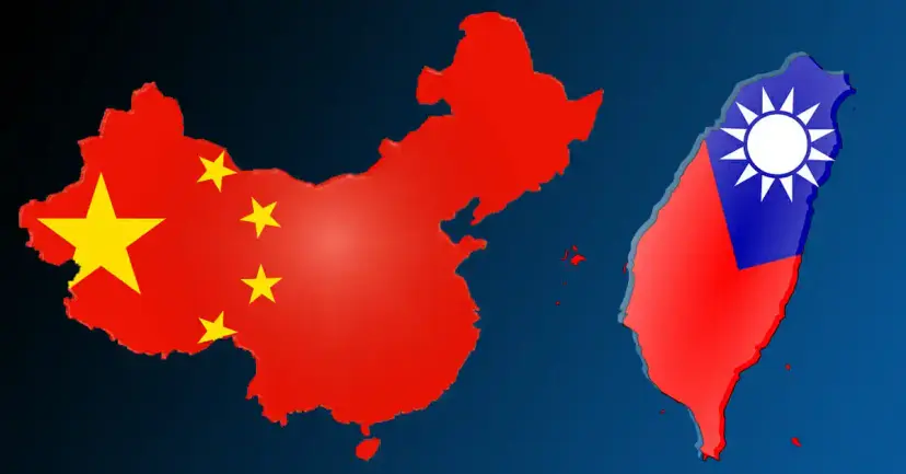 Maps of China and Taiwan, each filled with its own flag, on a dark blue background.