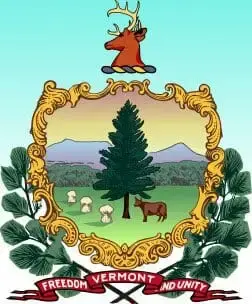 Vermont coat of arms with a pine tree, cow and wheat sheaves, a stag head crest and "Freedom and Unity."