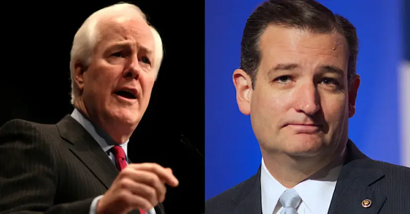 Side by side photos of Senators John Cornyn and Ted Cruz in suits.