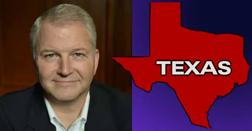 Portrait of James Dickey beside a red map of Texas labeled 'TEXAS' on a purple background.