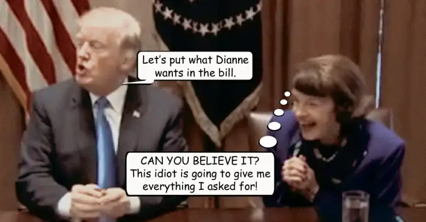 Donald Trump and Senator Dianne Feinstein at a table with cartoon speech bubbles about a gun bill.