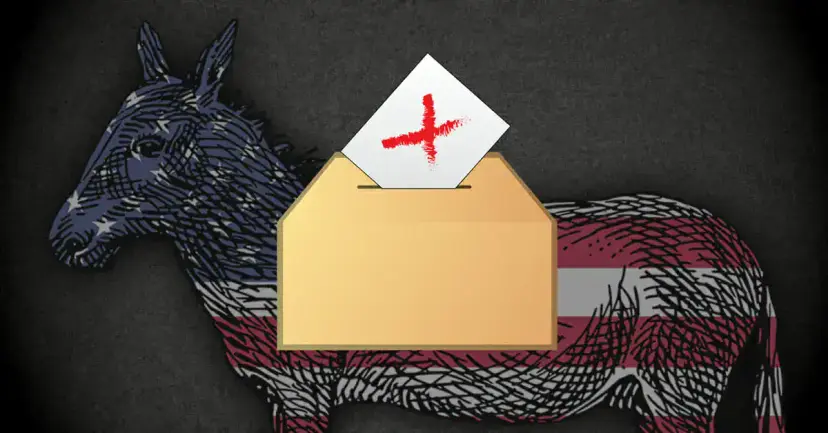A ballot marked with a red X going into a box over a donkey drawn in a U.S. flag pattern.