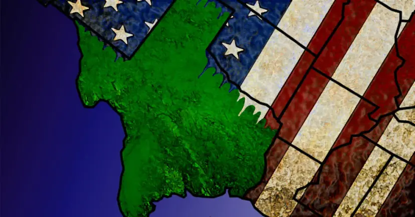 Illustrated map of Texas in green set against a textured American flag crossed with state borders.