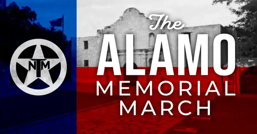Graphic with the TNM star logo and the words The Alamo Memorial March over the Alamo