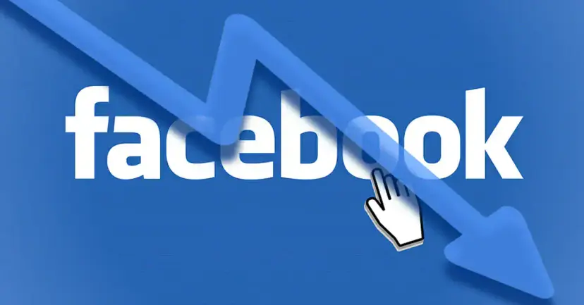 The Facebook logo on blue with a falling arrow and a pointing cursor hand across it.
