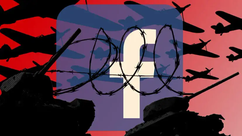 The Facebook logo wrapped in barbed wire, surrounded by silhouettes of tanks and warplanes on red.