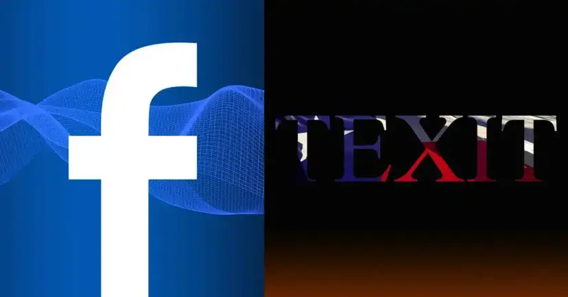 Split graphic of the Facebook logo beside the word "TEXIT" in flag-patterned letters on black.