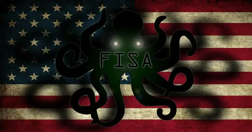A dark octopus with glowing eyes and the word "FISA" over a weathered U.S. flag.