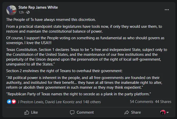 Screenshot of a Facebook post by State Rep James White quoting Sections 1 and 2 of the Texas Constitution.