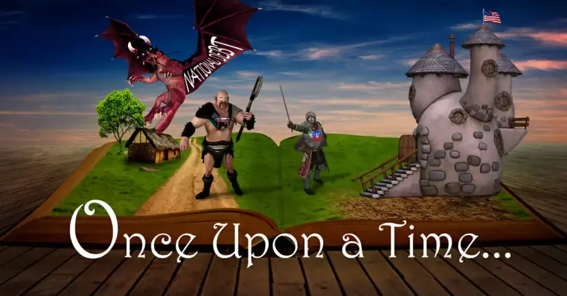 Storybook scene of a dragon labeled "National Debt" facing two warriors, with the words "Once Upon a Time."