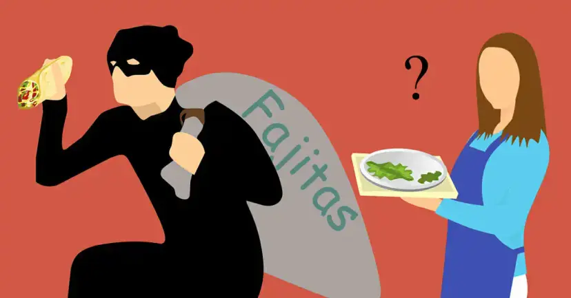 Cartoon of a masked thief holding a taco and a sack labeled "Fajitas" as a puzzled waitress looks on.