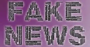 The words "Fake News" built from small repeated words like "propaganda" on a purple background.
