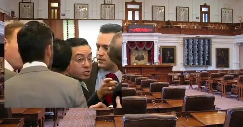 Inset photo of lawmakers in a heated confrontation over a view of the empty Texas House chamber.