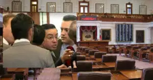 Lawmakers and staff crowded together on the floor of the Texas House chamber