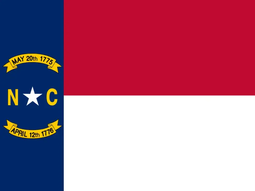 An older North Carolina state flag with a star between 'N' and 'C' and banners dated 1775 and 1776.